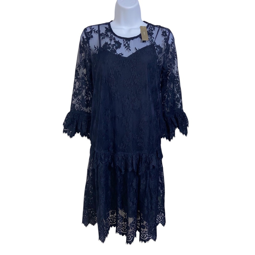 J. Crew NEW Blue Chantilly Lace Swing Dress Cocktail Wedding Guest Romantic 00 - Picture 2 of 13
